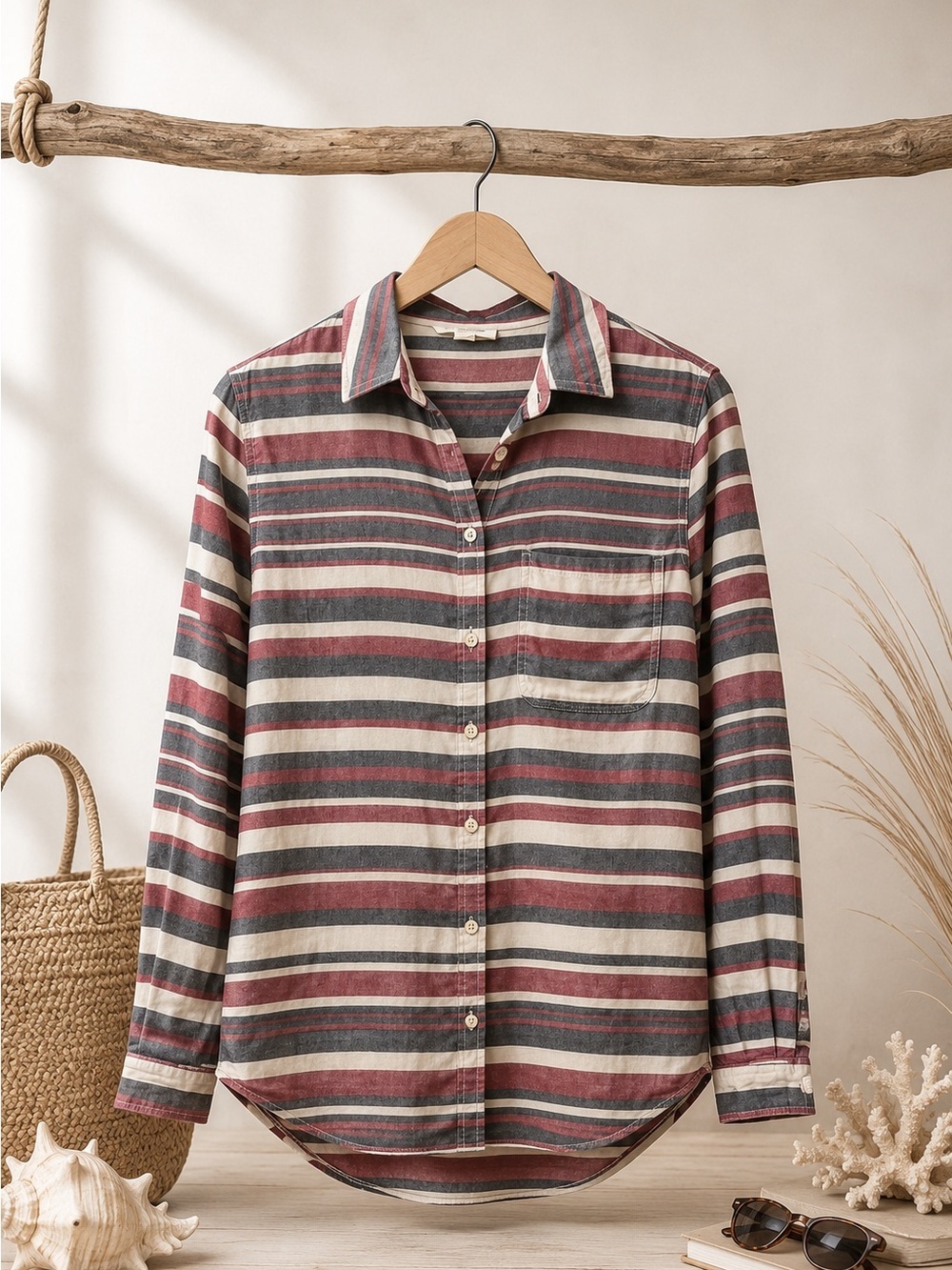 beachlunchlounge Striped Button-Down Shirt - Red, Gray & Cream (rack)